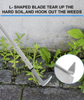 Go To Crevice Weeder With Long Handle for Sidewalk Cracks, L-shaped stainless steel blade shown in use on pavement weeds.