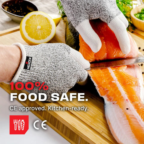 Cut Resistant Kitchen Gloves For Food Prep And DIY, Three-Finger Reinforced Design slicing salmon on cutting board