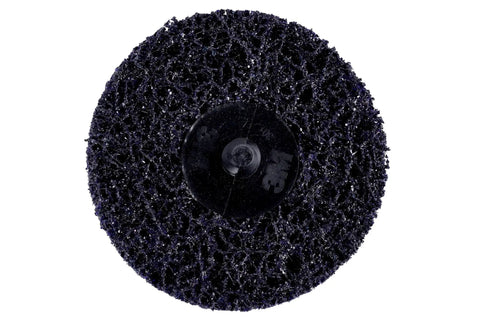 Top view of Scotch-Brite Roloc Clean and Strip XT Pro Extra Cut Disc XO-DR 3 In SiC Extra Coarse Purple for metal stripping