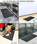 All Purpose Anti Fatigue Rubber Floor Mat With Drain Holes For Workplaces Kitchens And Bars Rugged Heavy Duty Non Slip 24 By 36 Inch Mat For Restaurant Bar Office And Industrial Use shown in kitchen, poolside, factory, and commercial settings.