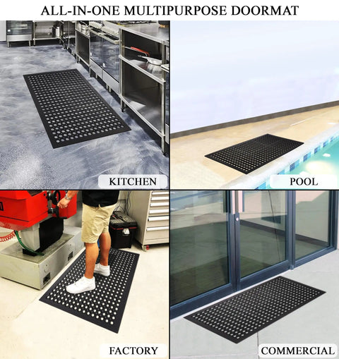 All Purpose Anti Fatigue Rubber Floor Mat With Drain Holes For Workplaces Kitchens And Bars Rugged Heavy Duty Non Slip 24 By 36 Inch Mat For Restaurant Bar Office And Industrial Use shown in kitchen, poolside, factory, and commercial settings.