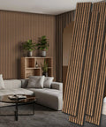 4 Pack Sleek Wood Slat Wall Panels For Modern Living Space Upgrade Featuring 3D Fluted Acoustic Soundproofing In Gorgeous Walnut Tones in a stylish living room setting.