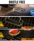 Bristle Free Grill Brush For All Grills Rust Resistant Stainless Steel BBQ Cleaner on grill with warning signs about bristles.