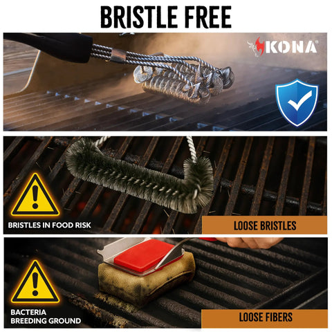 Bristle Free Grill Brush For All Grills Rust Resistant Stainless Steel BBQ Cleaner on grill with warning signs about bristles.