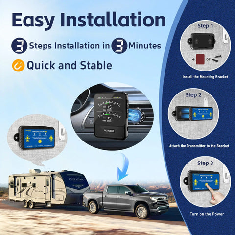 Wireless RV Leveling System for Campers With Real Time Lag Free Readings From Driver Seat 150 Ft Range Dedicated Display No App Needed Easy Magnetic Mount Setup Stay Level on Every Trip showing 3-step install