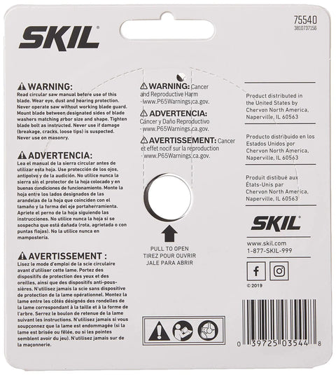 Back of Skil packaging with warnings and product details.