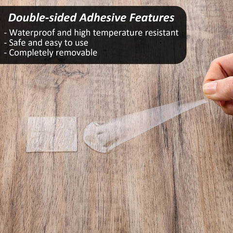 80 Transparent Tablecloth Clips Set With Double Sided Mounting Tape Dots, showing clear adhesive peel on wood surface.