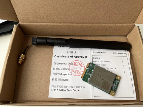 EG25-G Mini PCIe LTE 4G Module next to antenna and approval certificate in cardboard box