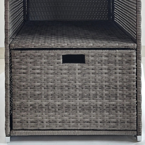 Front view of Valet Pool Towel Rack With Waterproof PE Plastic Rattan Wicker Storage Organizer For Indoor Outdoor Pools, Spas, And Hot Tubs, Towel Holder And Gear Caddy, 2 Shelves, 1 Basket Drawer, Mixed Gray