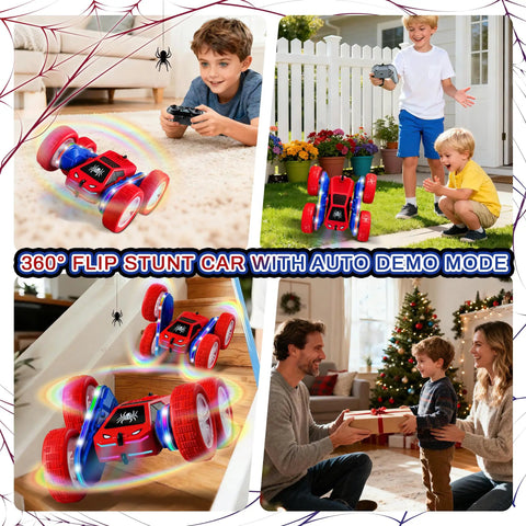 Children playing with Remote Control Spider Car 4WD With 360 Degree Flips Double Sided Drift Monster Truck Style LED Lights indoors and outdoors.