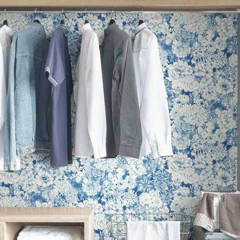 Indigo Empress Garden Peel And Stick Wallpaper Blue Floral Look For Walls Easy Application and Repositionable in wardrobe setting