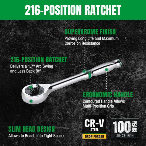 1/4 Inch Drive Ratchet Handle With 216-Position 6-Pawl Quick Release And Crv Steel Construction For Tight Spots Offering Hella Smooth Action And Pro-Level Torque Strength Plus A Slim Body That Sneaks Into Tight Corners Like A Champ