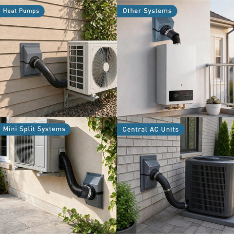 Slick HVAC Line Set Cover Kit For Wall Penetration AC Pipe Sleeves Weather Resistant Insulation Guard Mini Split System Hides Ugly Tubing Clean Cut Look Seamless Gray 2.36 Inch visible on various AC installations.