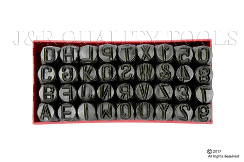 Top view of 36-piece 3/8-inch steel stamp set in red case with letters A-Z and digits 0-9