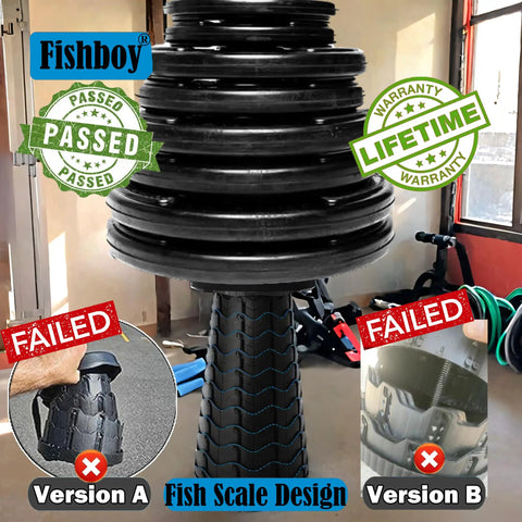Upgraded Collapsible Camping Stool With 400 Lb Capacity showing fish scale design and failed versions in a garage setting.