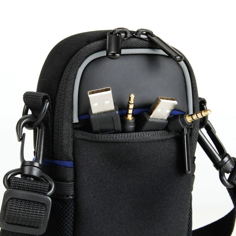 Side view of weatherproof compact camera case with padded interior and accessory pockets, showing cables in front pocket, black color.