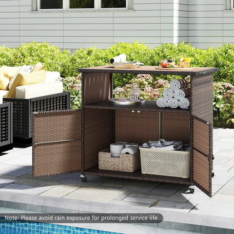 Sturdy Outdoor Storage Cabinet on wheels, open doors, acacia wood and PE rattan finish, by poolside, shows internal shelves and items.