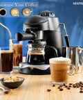 Professional Espresso Maker With Built In Milk Frother And Clear Glass Carafe, Reliable 3.5 Bar Pump pulls smooth shots with coffee drinks.