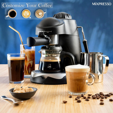 Professional Espresso Maker With Built In Milk Frother And Clear Glass Carafe, Reliable 3.5 Bar Pump pulls smooth shots with coffee drinks.