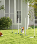 Dog using Two Piece Dog Agility Training Equipment Set With Water Spray Tube And Weave Poles, outdoor course in a backyard.