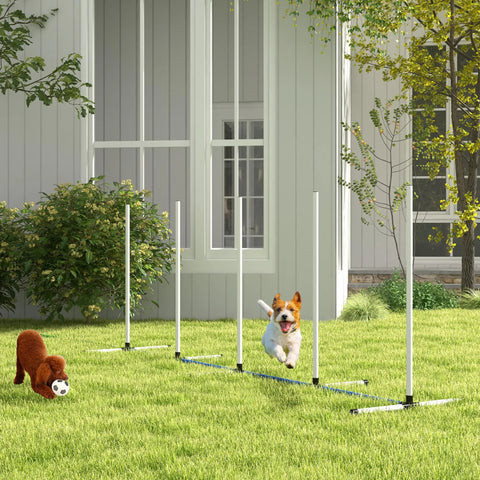 Dog using Two Piece Dog Agility Training Equipment Set With Water Spray Tube And Weave Poles, outdoor course in a backyard.