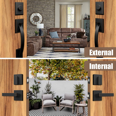 Front Door Lock Set With Double Door Handle And Dummy Exterior Lock Oil Rubbed Bronze Zinc Alloy Universal Reversible Design Matte Black Finish Easy Install For 1 3 8 To 1 3 4 Inch Doors Includes After Sales Service shown on interior and exterior doors