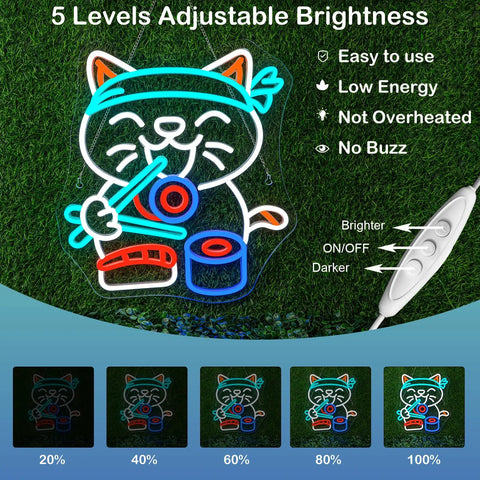 Lit Sushi Cat Neon Light Sign With White LED showcasing adjustable brightness and dimmable controls, 320x351 mm USB-powered.