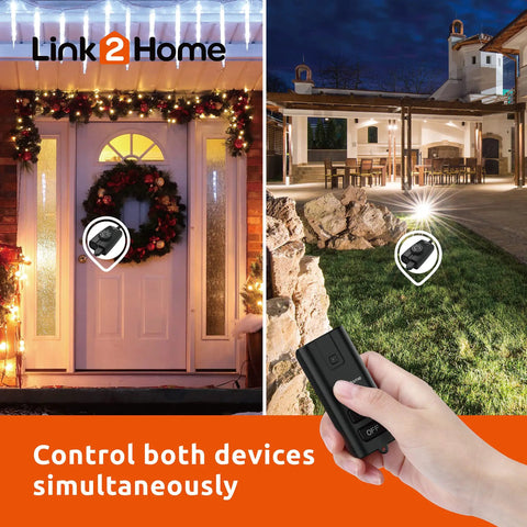 Heavy Duty Outdoor Weatherproof Dual Outlet Remote Control With Dusk To Dawn Sensor Programmable 24 Hour Timer in use with handset and outdoor lights.