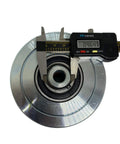 Close up of Heavy Duty 4 Inch V Groove Gate Wheel for Inverted V Tracks Up to 3000 lbs with caliper measuring diameter