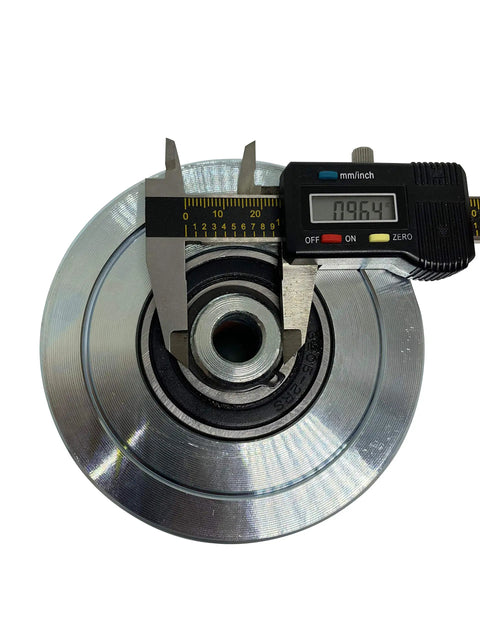 Beefy 2 Pack 4 Inch Circumference V Groove Gate Wheel Rollers, Heavy Duty Steel With Sealed Bearings, Chrome Finish, close-up view.