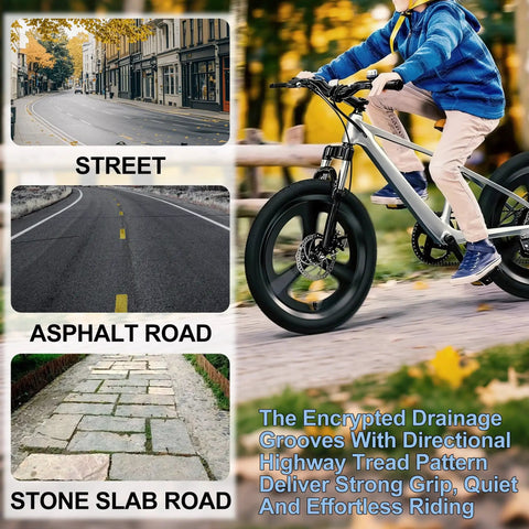 Two Pack 20x1.75 White Bike Tires And Tubes Set For Road Street E-Bike And Wheelchair illustrated with a cyclist on various road types.