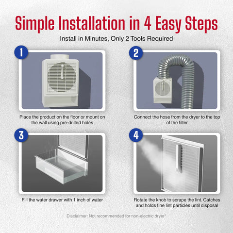 Installation guide for Must Have Indoor Dryer Lint Trap Filter with stainless steel screen and water drawer system.