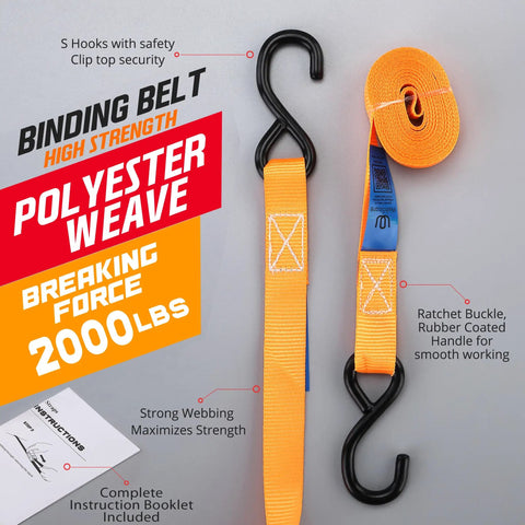 Built Tough As Nails Heavy Duty Ratchet Straps Packing 2000 Lb Break Strength Sized At One Inch By Thirteen Feet With S Hooks For Truck Trailer Motorcycle And Flatbed Cargos Keep Your Haul Locked Down Tight Without Slipping While Hitting The Open Road, featuring orange polyester strap and hooks.