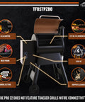 Pro 22 Wood Pellet Grill And Smoker With 6 In 1 Versatility For Grillin Smoking Baking Roasting Braising And BBQ 572 Sq In Cooking Space Meat Probe 450 Degree Max 18Lb Hopper Bronze Finish with features labeled.