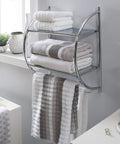 Wall Mounted Two Tier Bathroom Shelf With Two Towel Bars, Chrome Finish, holding towels and toiletries above a sink