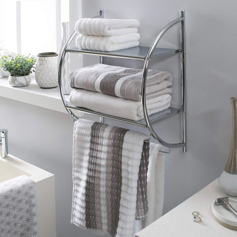 Wall Mounted Two Tier Bathroom Shelf With Two Towel Bars, Chrome Finish, holding towels and toiletries above a sink