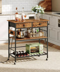 Rustic Brown Rolling Kitchen Island With Storage, including drawers, outlet, wine rack, and microwave stand in a kitchen setup.