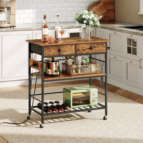 Rustic Brown Rolling Kitchen Island With Storage, including drawers, outlet, wine rack, and microwave stand in a kitchen setup.