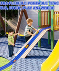 Children playing with Ultra Flexible 16 Ft Roll Up Race Car Ramp Track With Suction Cups attached to playground, Racing Blue track