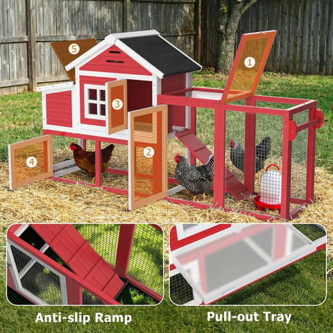 Extra Large Outdoor Chicken Coop With Run And Wheels For Six To Ten Chickens, featuring nesting boxes, asphalt roof, and pull-out tray