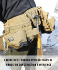 Heavy Duty Built Tough Tactical Tool Belt With Large Pouch Capacity Adjustable Fit And Lumbar Support Standalone Utility Belt For Carpenters Electricians And Roofers In Coyote Tan worn by a worker.