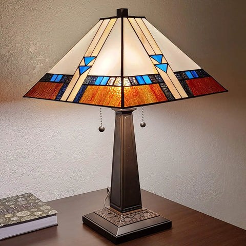Mission Style Stained Glass Table Lamp, 23 Inch Tall, Blue White Brown Tiffany Inspired Hanging Light for Living Room, Bedroom, Nightstand, Office Decor, Handmade Gift, displayed on wooden table.