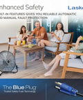 20 Inch Black High Velocity Wall Mount Fan With Pivoting Head, Three Speed Settings in a living room setting with safety plug feature.