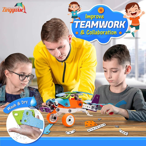 7 In 1 Mechanical Building Kit For Kids Aged 7 To 12, 171 Piece Construction Set With Bonus Model And 25 Spare Parts, team play with assembled car model