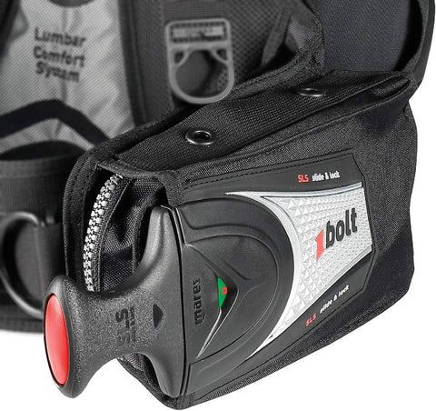 Close-up of Bolt SLS BCD Scuba Buoyancy Compensator Device showing innovative weight system for unisex divers, medium size.