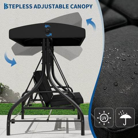 Side view of Three Seat Outdoor Patio Swing with adjustable canopy, backrest, and cozy cushions, heavy-duty frame, black color.