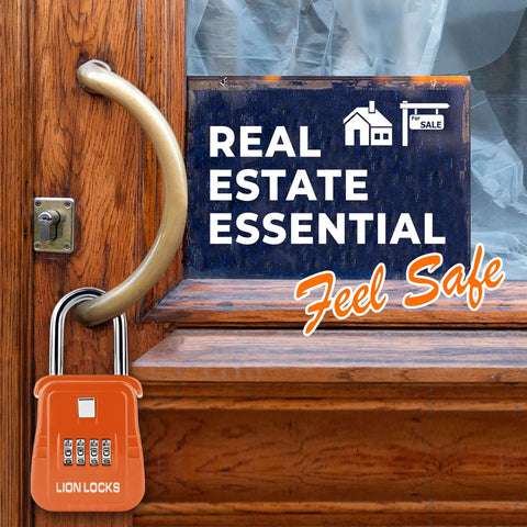 Heavy Duty 5 Key Lock Box With Code For Outdoor Use Built Tough For Real Estate Agents And Short Term Rentals A Go To Realtor Lock Box That Holds Five Keys Durable Weather Resistant And Easy To Use Comes In A 6 Pack Orange, attached to a door with real estate sign.