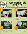 Instructions for applying vinyl decal from Minglewood Trading, showing steps with hands peeling, placing, and smoothing sticker.