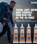 Hiker with backpack beside GH1200 Shoe Glue tubes, highlighting compact shoe repair solution for travel.