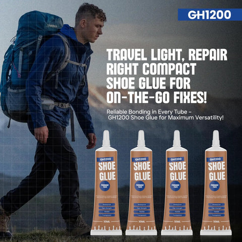 Hiker with backpack beside GH1200 Shoe Glue tubes, highlighting compact shoe repair solution for travel.